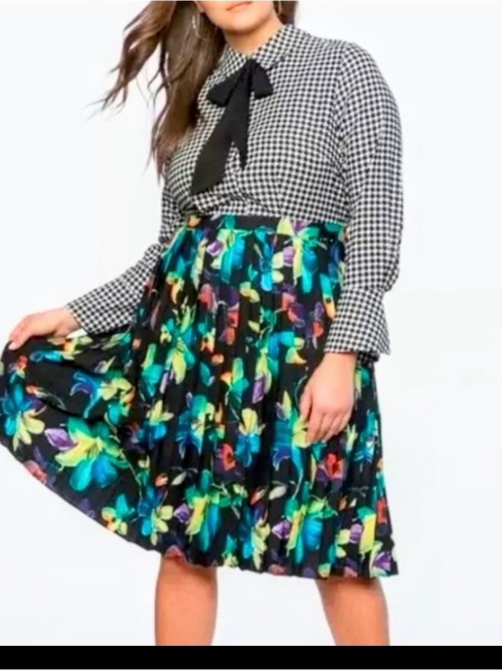 Eloquii Black Pleated Gingham Dress with Vibrant Floral Print Size 20